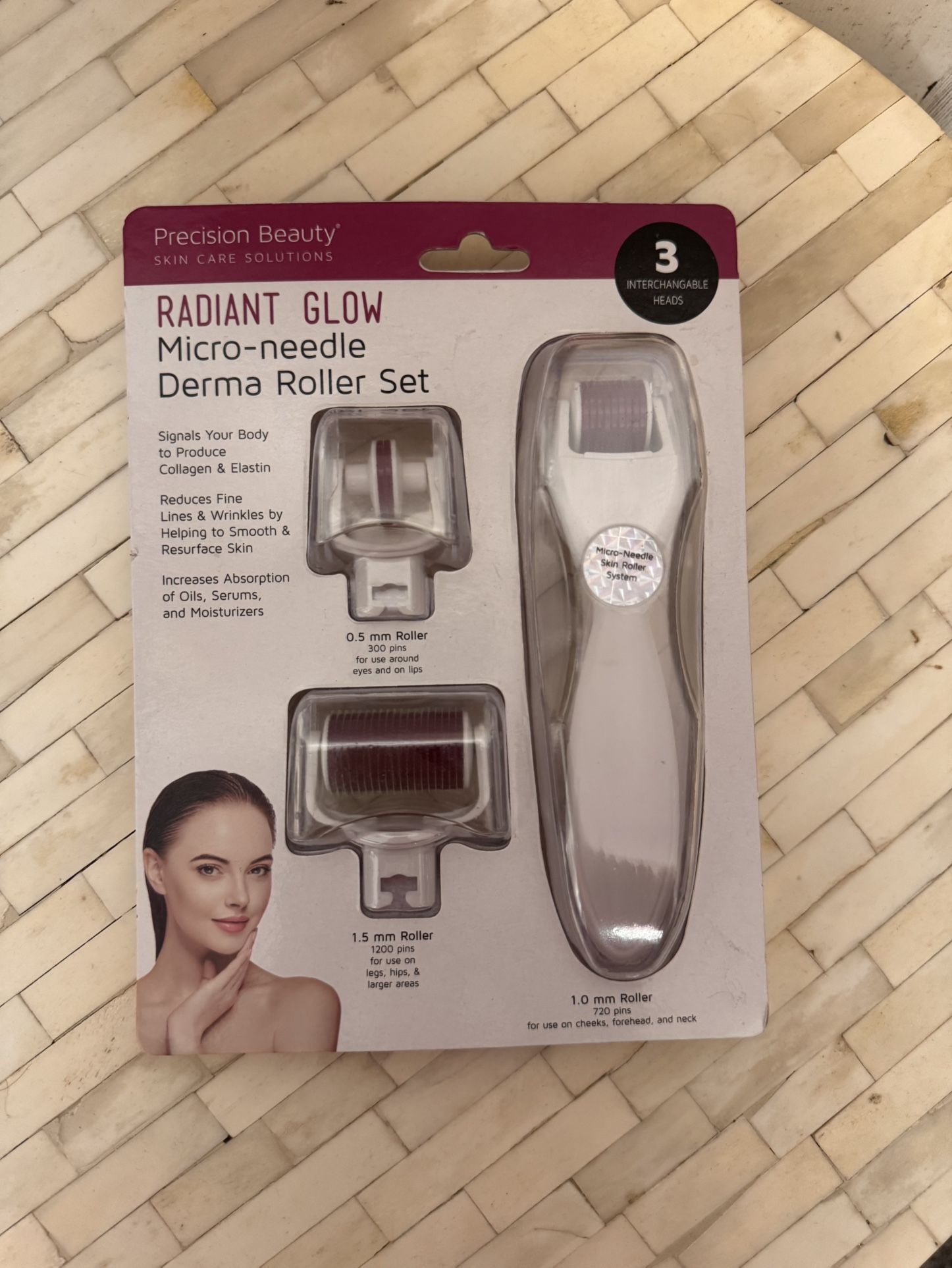 Precision Beauty Radiant Glow Microneedle Derma Roller Set 3 Interchangeable Hea