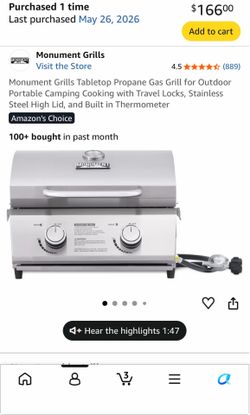 Monument Grills Portable Tabletop Propane Grill + Cover – Like New