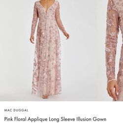Mac Duggal Pink Floral Applique Long Sleeve Illusion Gown