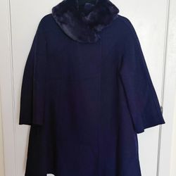 Navy blue wool coat with faux fur collar