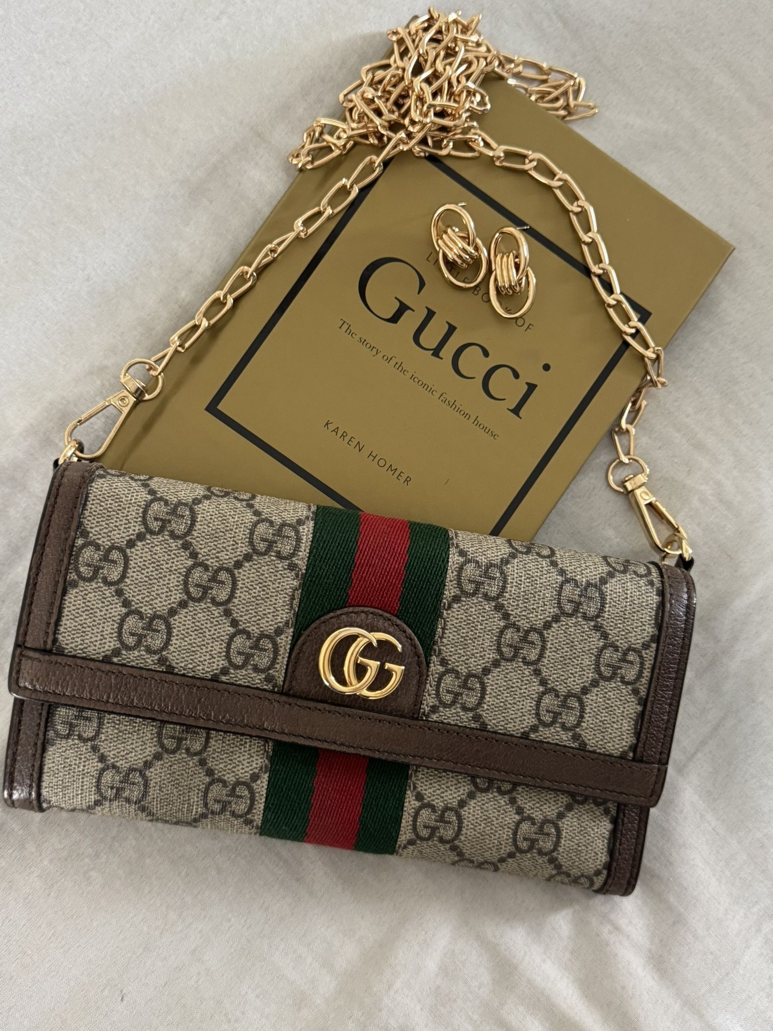 Authentic GUCCI GG Supreme Monogram Web Ophidia Wallet On Chain Crossbody Bag 