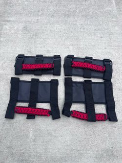 Set of 4 Universal Roll Bar Grab Handles for Jeep Wrangler, UTV, ATV – Black with Red Paracord Grip
