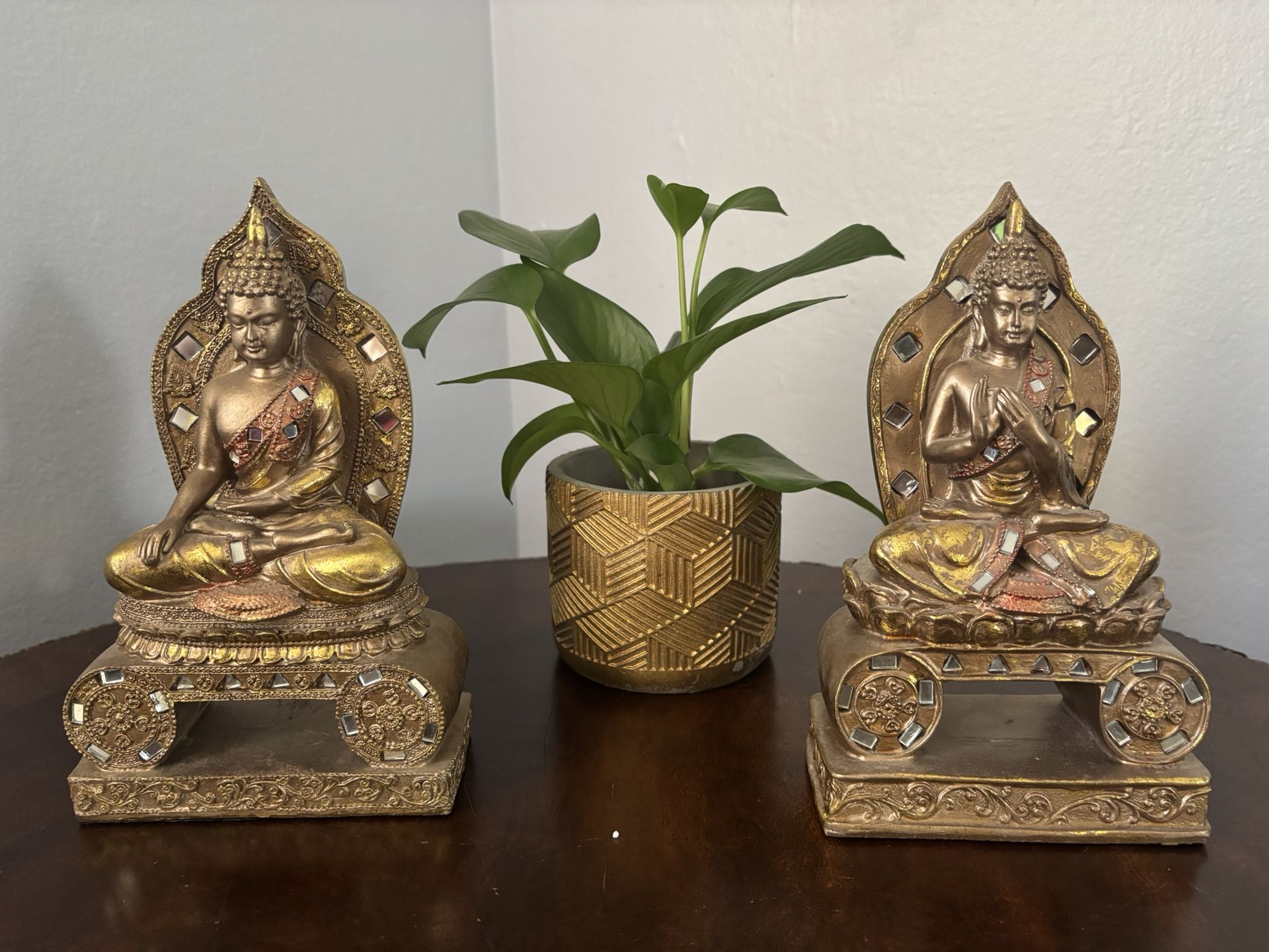Two Antique Buddha Statues and Plant Pot with Money Plant