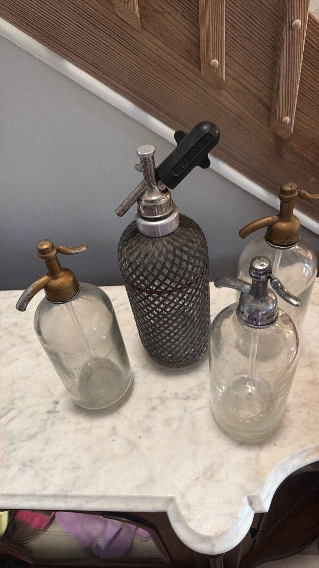 Collection of Sparkletts SiphonSoda and other SeltzerSoda bottles ,