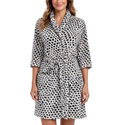 Joan Vass Leopard Print Fleece Robe Plush Animal Print Bathrobe 3/4 Sleeve OS