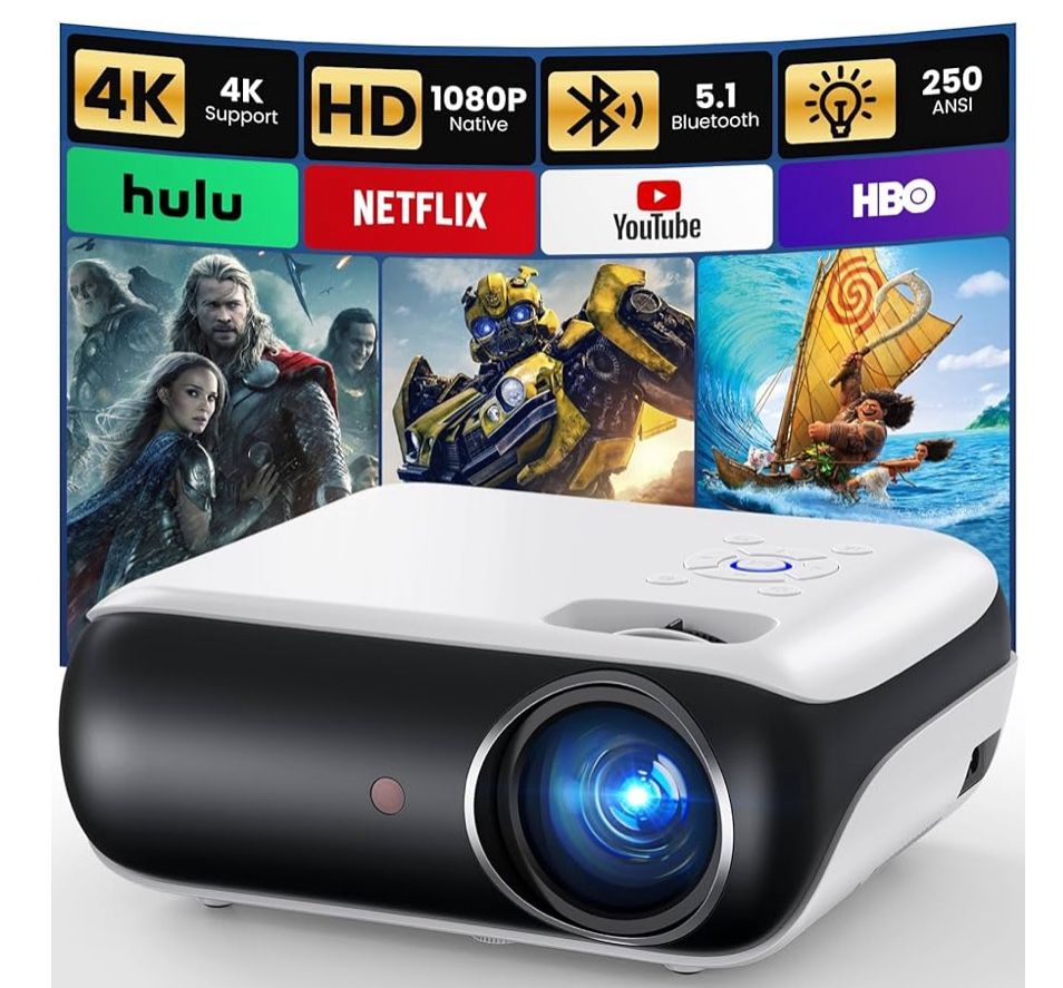 (6000Q) HAPPRUN Native 1080P Bluetooth Projector, Full HD Portable Outdoor Movie Projector with Built-in Speaker, Compatible with Smartphone, HDMI, US