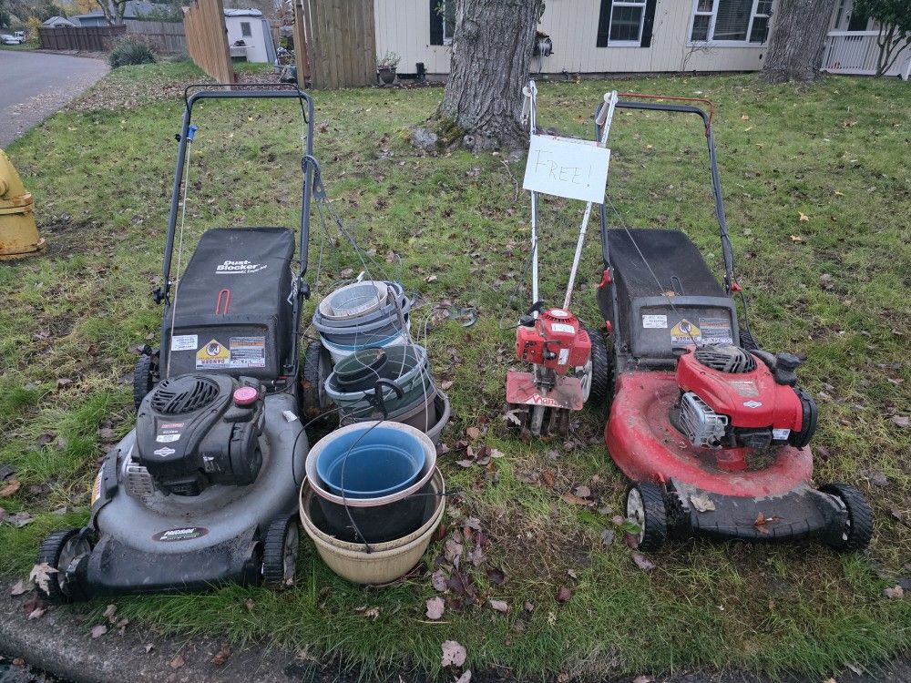 Free Gas Lawn Mowers, Tiller & Plant Pots
