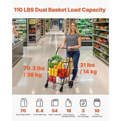 Folding Shopping Cart, Jumbo Grocery Cart with Double Baskets, 360° Swivel Wheels, Heavy Duty Utility Cart, 110 LBS Large Capacity Utility Cart for La