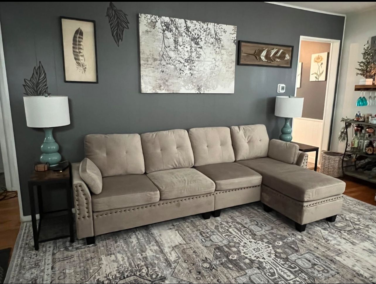 HONBAY Velvet Convertible Sectional Sofa L Shaped Couch with Storage Ottoman Reversible Sectional Couch Sofa for Small Space,Light Grey
