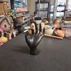 Black Ceramic Hand Display To Hold Rings Or For Decoration, Black Felt On Bottom 7"H