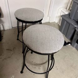Pair of Gray Upholstered Bar Stools Black wrought iron