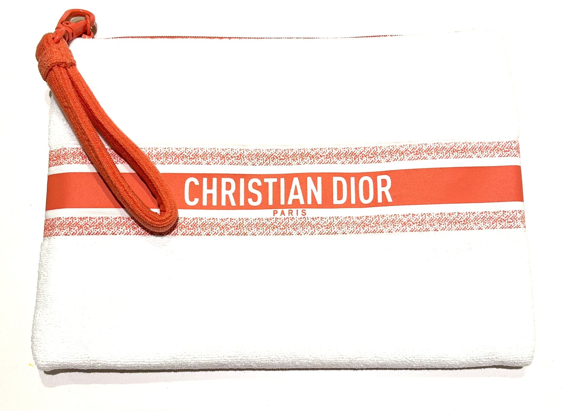 NEW! Christian DIOR Terry Cloth Clutch Wristlet Makeup Bag White/Coral 9.5x6.5"