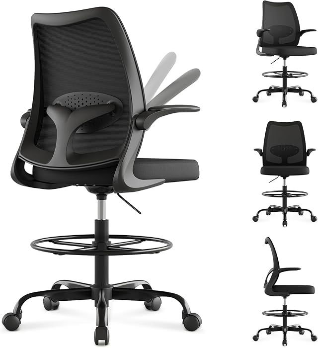 Ergonomic Drafting Chair Tall Office Chair with Flip-up Armrests Adjustable Height Breathable Mesh Office Chair Home Office Chairs with Lumbar Support