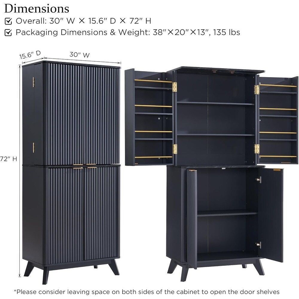 72“ Tall Pantry Storage Cabinet, Spacious Dual-Zone Wood Organizer 