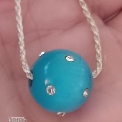 Vtg.sterling Silver Ocean Blue Cat Eye Stone& Cz Pendant Necklace- 17in.