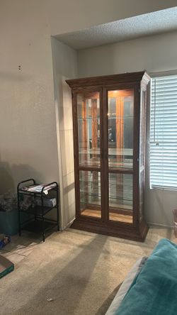Solid Oak Lighted Curio Cabinet – 8 Glass Shelves