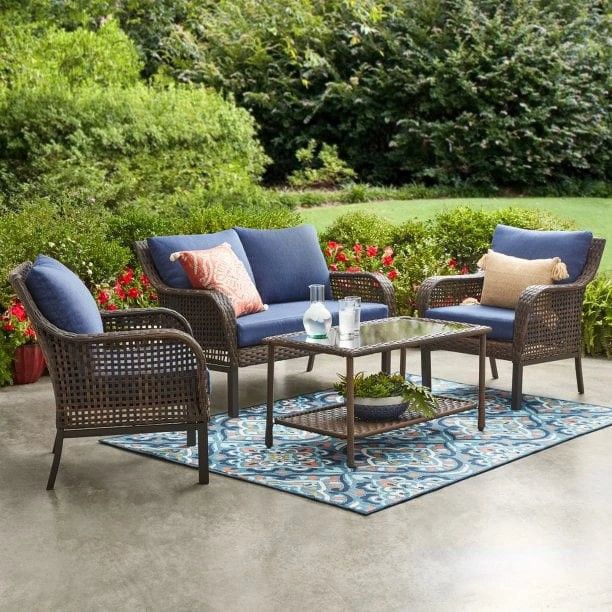 Mainstays Tuscany Ridge Outdoor 4 Piece Wicker Conversation Set W/Glass-Top Coffee Table,W/Blue Cushions