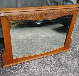 Antique Vintage Art Deco Carved Mirror Oak 1930s Dresser Buffet Vanity Desk Cabinet Sideboard 006