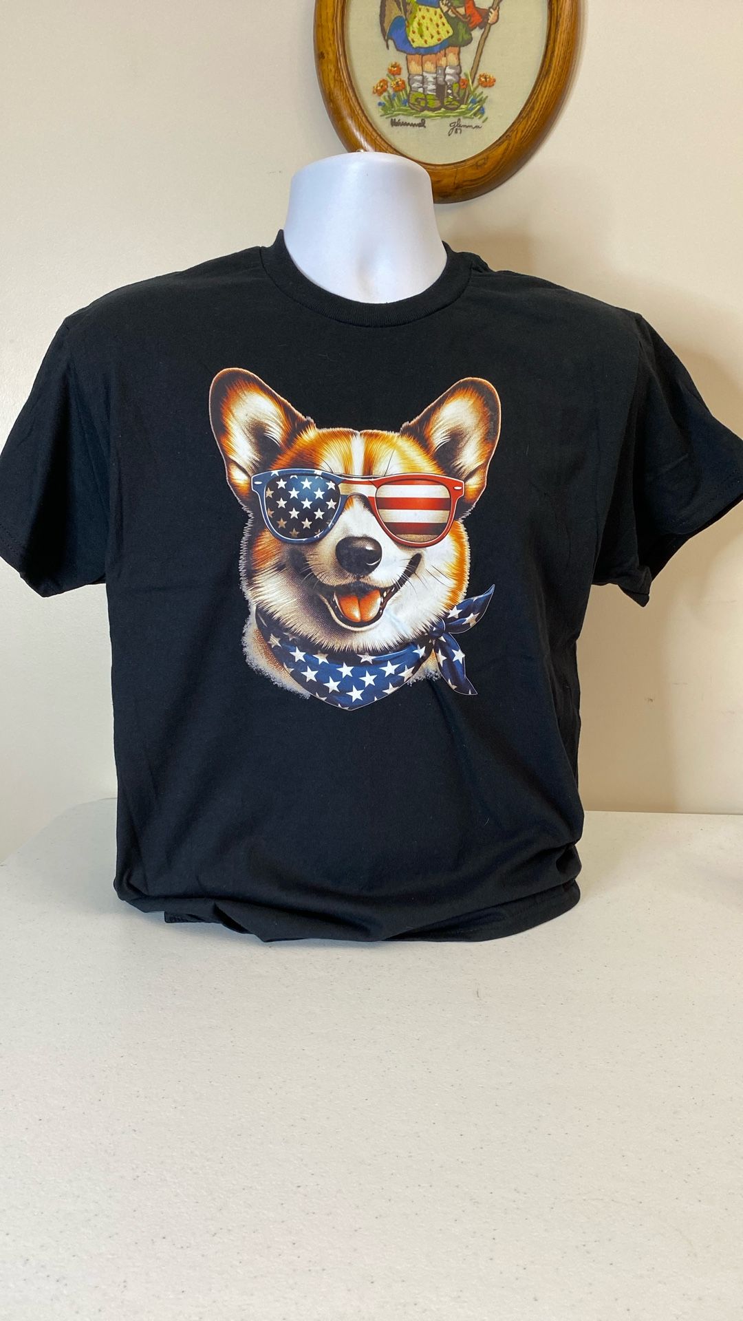 Corgy American Flag Design T-Shirt, New, Gilden, 50-50, (item 364)