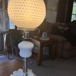 Vintage Hobnail Milk Glass Table Lamp w/Marble Base