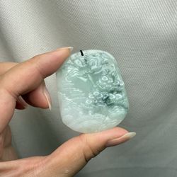 Certified Burma Jadeite Jade Engraved Mountain View Pendant Cord Necklace 