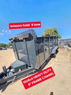 Super HEAVY DUTY 16X8X4 GOLIAT DUMP TRAILER 8"CHANEL SCISSOR HOIST 10 TON,TOOL BOX,LED LIGHTS,
SWING DOORS,SIDE DOORS JACK HANDLE 7000LBS,2 AXLE BRAKE
