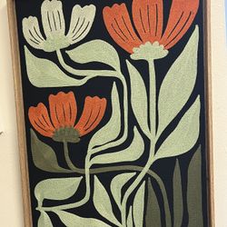 Modern Floral Textile Wall Art – Embroidered Flowers on Black Fabric, Framed