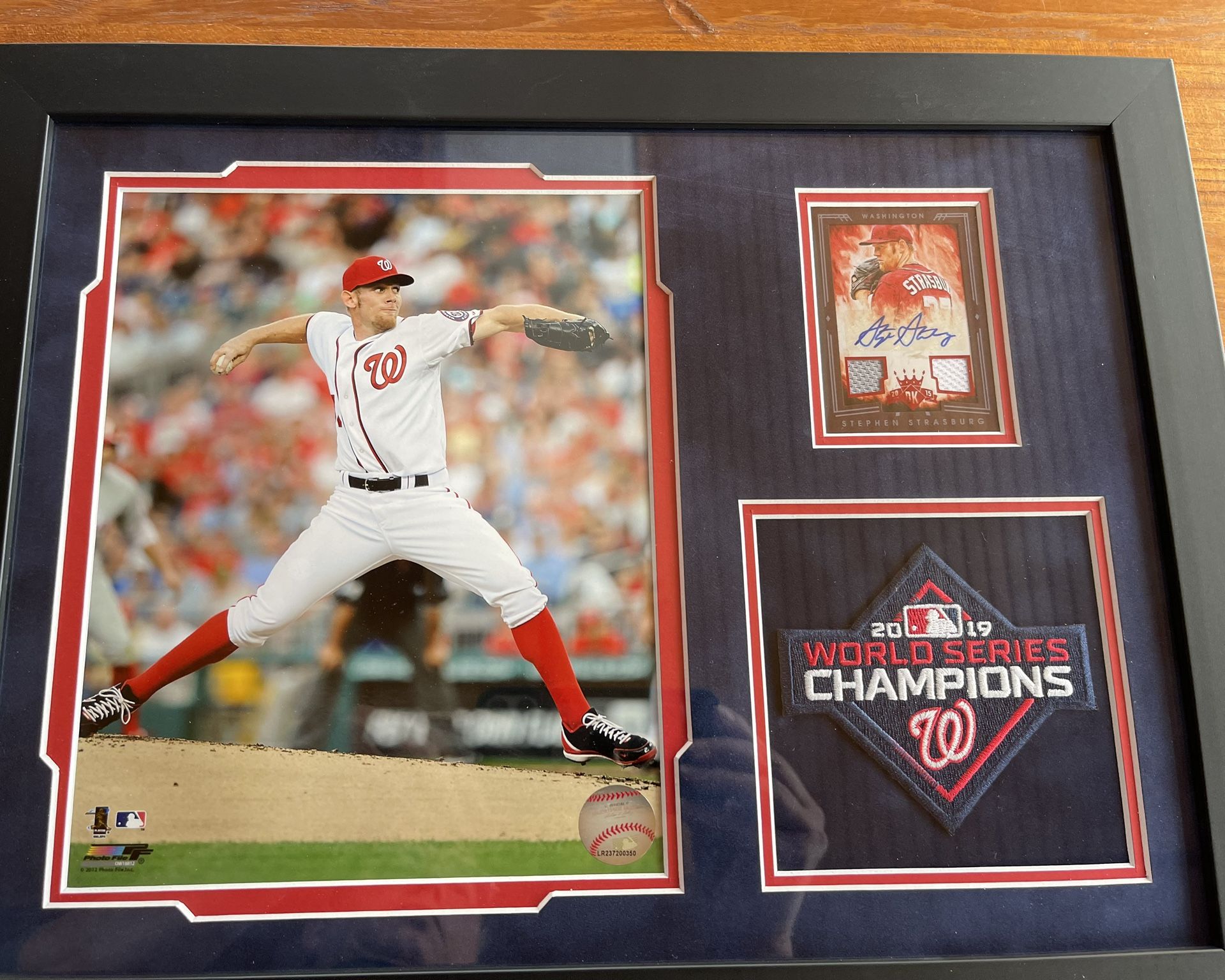 Stephen Strasberg autographed Relic card Framed With 8x10 Veryical Photo And 2019 World Series Embroidered Patch Framed In A 12 X 16 Black Wood Fram