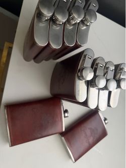 Set of 10 New Crown Royal Leather-Wrapped Stainless Steel Flasks – Great for Gifts & Party Favors