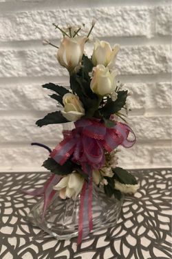 Clear Glass Small Bottle Bud Vase Floral w/ White Artificial Roses & Purple Bow