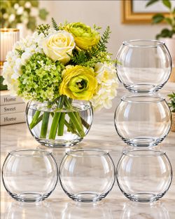 6 Pack Clear Round Glass Bubble Vases – 4.7” Centerpiece Bowls for Flowers & Candles