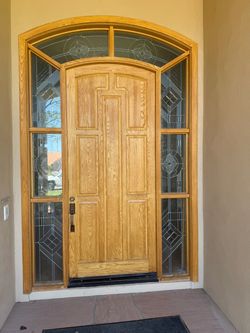 Wood Front Door with Sidelights and Transom