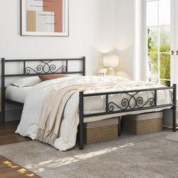 Full Metal Bed Frame with Scroll Headboard and Footboard Black