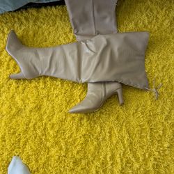 Nadia x FTF Bone Thigh High Boots with Block Heel Design