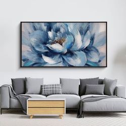 Elevate your living space with this breathtaking masterpiece of modern artistry—a stunning oversized abstract blue lotus flower oil painting, expertly