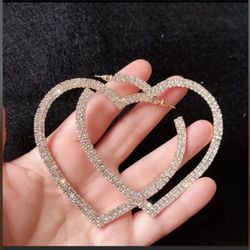 Silver Tone Rhinestone Oversized Heart Earrings 