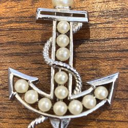 Vintage Crown Trifari Silver Tone & Pearl Anchor Brooch Pin 2” t x 1.50”w  Perfect for the lovers of the sea and coastal fashion.