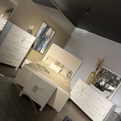 White Queen Bed, Dresser, Mirror And One Nightstand