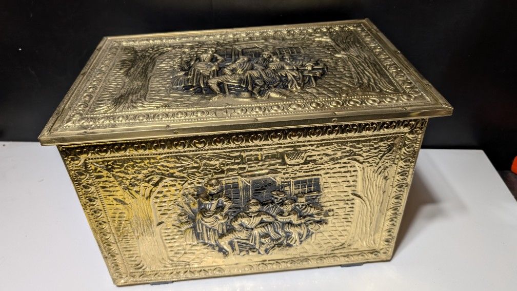 Vintage Embossed Brass Coal Box Storage Chest Trunk with Wood Interior 18x12"