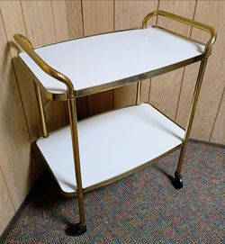 Mid Century Vintage COSCO 2 Tier Rolling Bar Cart Kitchen Serving Trolley White & Gold