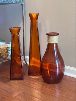 3 large glass vases - dark orange/amber