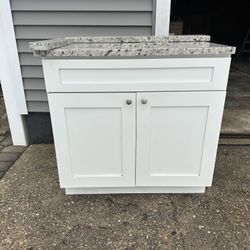 36in White Bathroom Vanity Cabinet w Granite Top