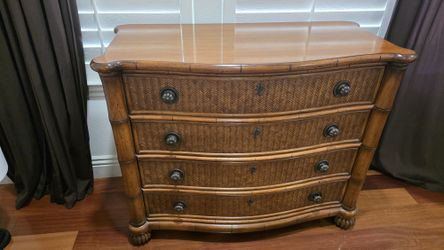 Pair of British Colonial Style Chests - Woven Rattan & Bamboo, Palm Tree Pulls