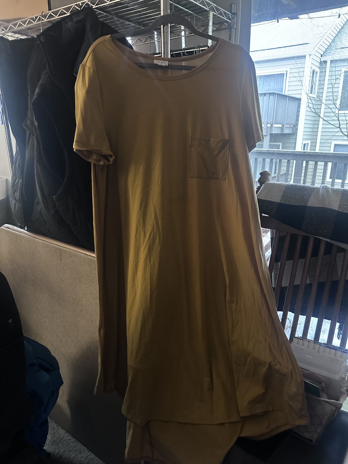 Lularoe 2X Hi Lo Midi Dress Round Neck Pullover Mustard Yellow Short Sleeve