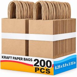 New 200 Pack Brown Paper Bags with Handles, 8.25 x 5.9 x 3.15 Inch, Gift Bags