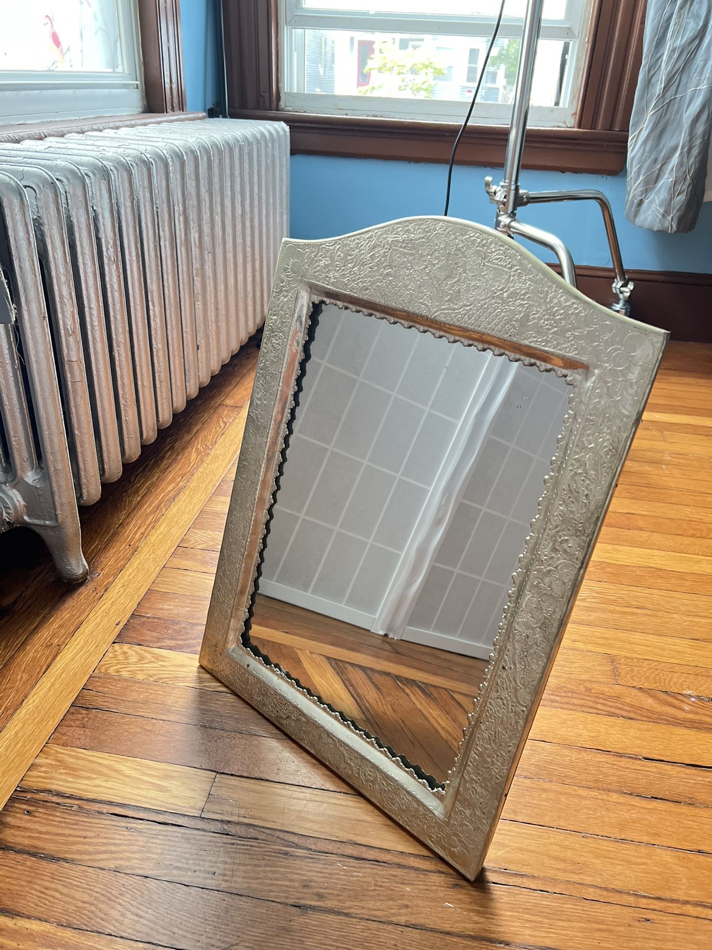 Antique Mirror, Leaning Wall Ornate Mirror From The Middle East, Full Length, Silver Leaf, 15" x 19" x 3"