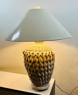 RARE Vintage White Wicker Basket Weave Large Lamp with Shade