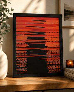 Framed Abstract Sunset Reflection Print – 8.5x11 Modern Wall Art – Bold Orange & Black Décor