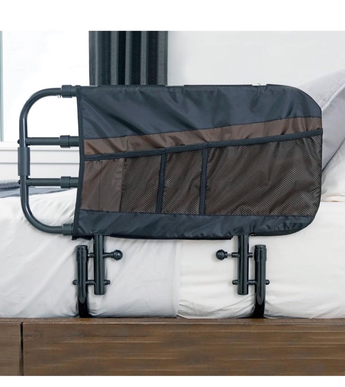 Stander EZ Adjust Bed Rail Adjustable Senior Bed Rail and Bed Assist Grab Bar for Elderly Adults with Organizer Pouch Black