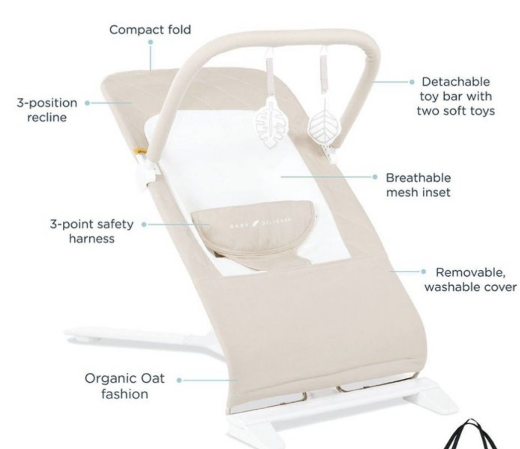 Baby Delight Alpine Deluxe Portable Bouncer, Infant, 0-6 Months, 100% GOTS Certified Cotton Fabrics, Organic Oat